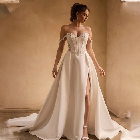 Elegant Two Strap Lace Applique Sweetheart Satin A Line Wedding Dresses